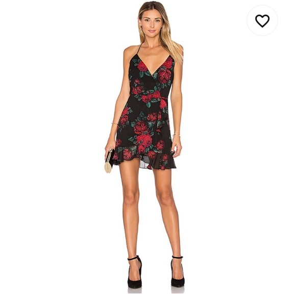 Lovers + Friends Black Red Rose Floral Print Wrap Mini Dress - Picture 1 of 8